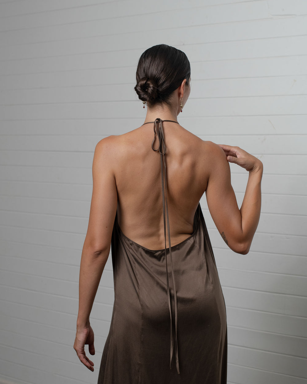 Stonewashed Stretch Satin Halter Dress Hazelnut