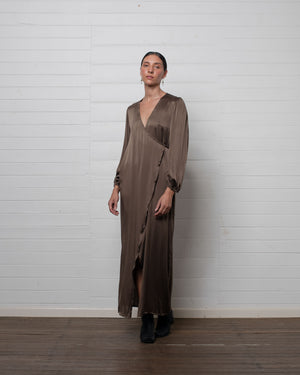 Stonewashed Stretch Satin Wrap Dress Hazelnut