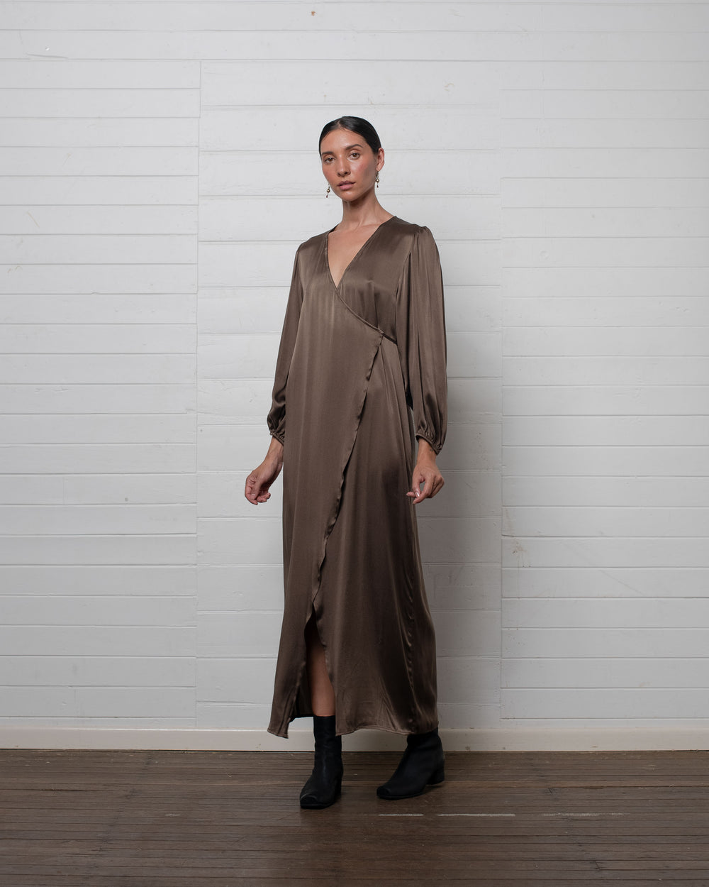 Stonewashed Stretch Satin Wrap Dress Hazelnut