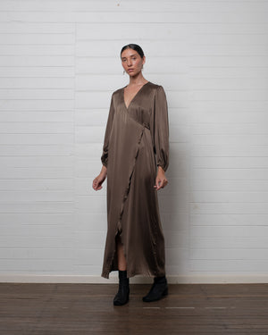 Stonewashed Stretch Satin Wrap Dress Hazelnut