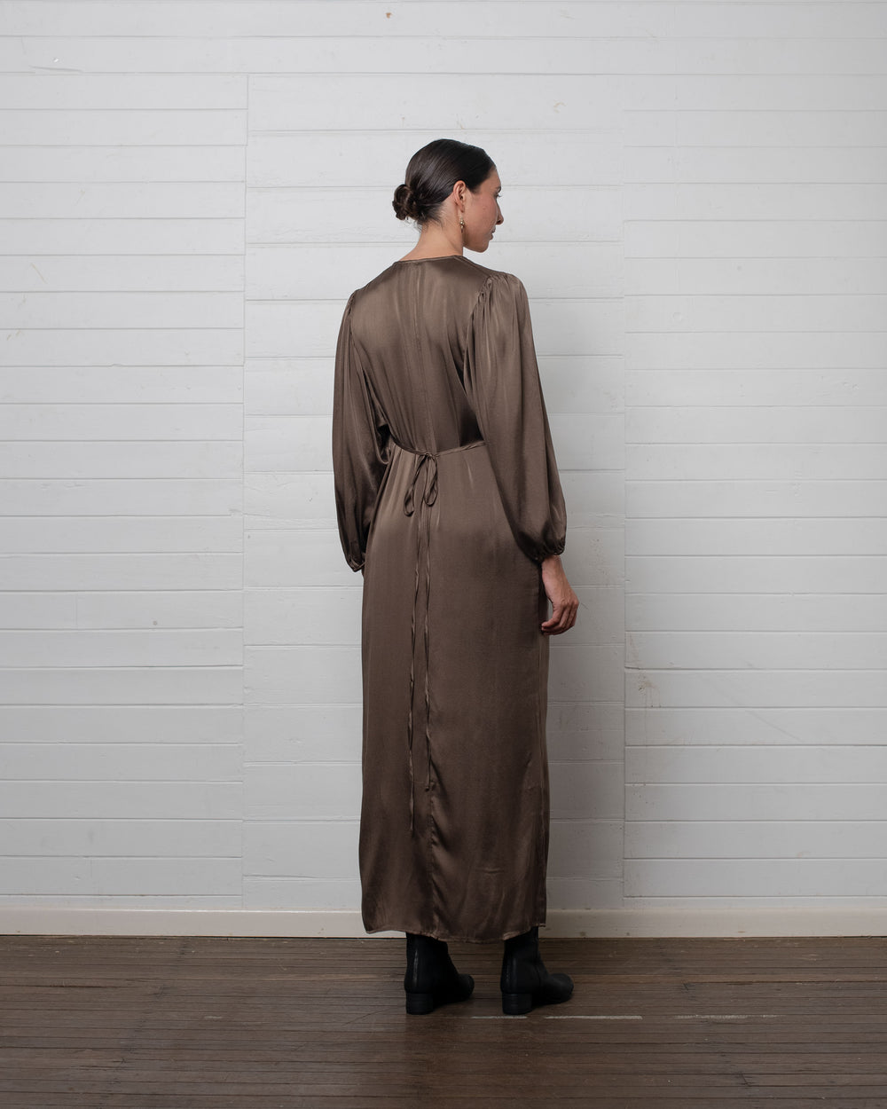 Stonewashed Stretch Satin Wrap Dress Hazelnut