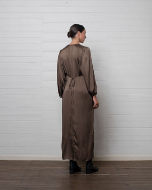 Stonewashed Stretch Satin Wrap Dress Hazelnut