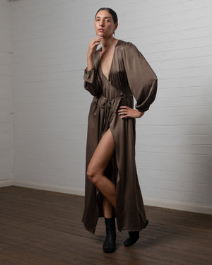 Stonewashed Stretch Satin Wrap Dress Hazelnut