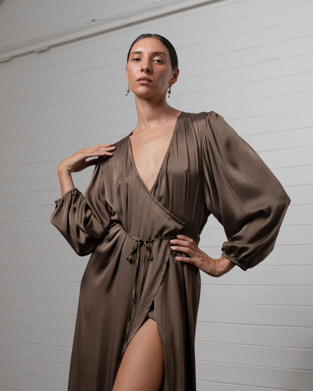 Stonewashed Stretch Satin Wrap Dress Hazelnut