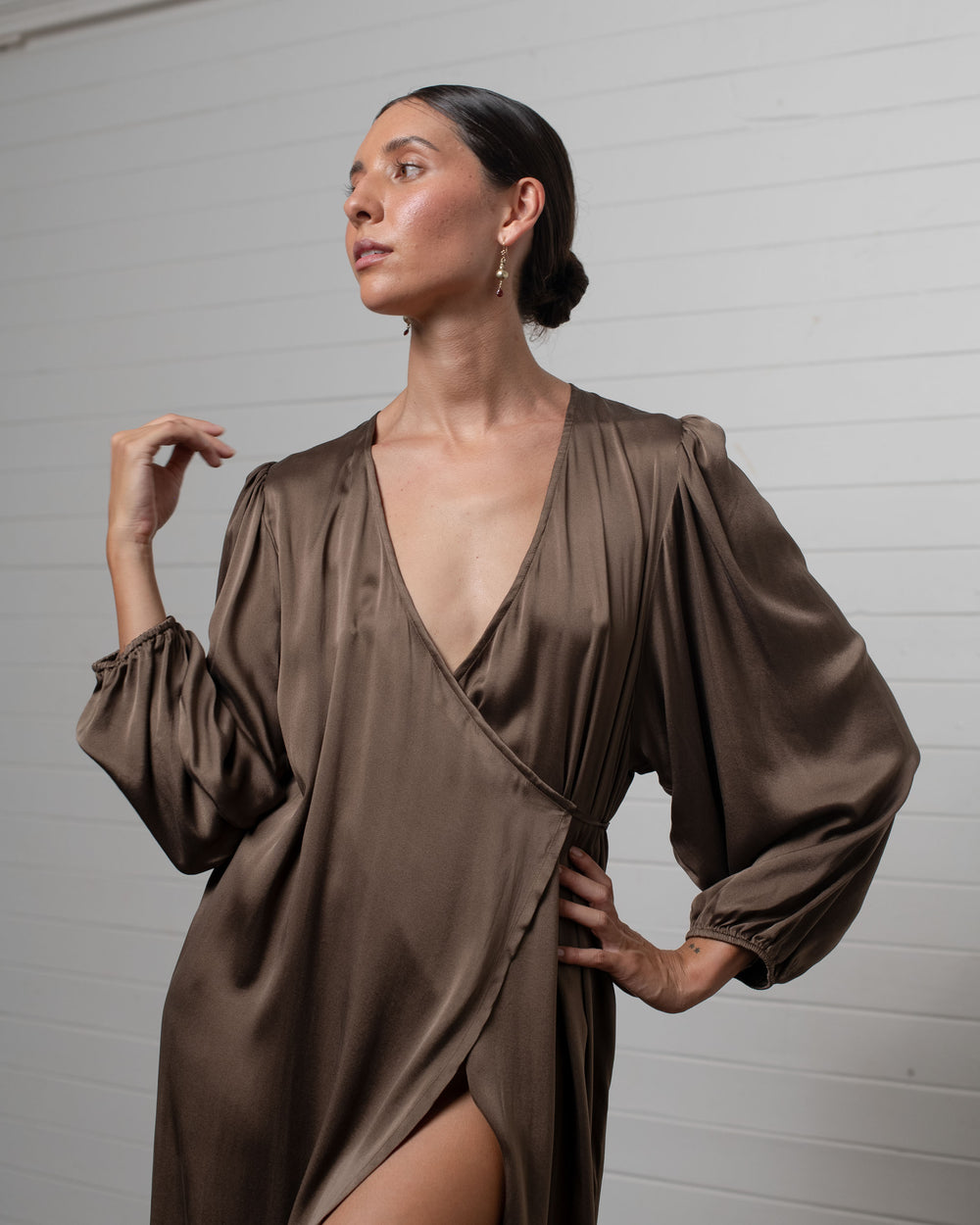 Stonewashed Stretch Satin Wrap Dress Hazelnut