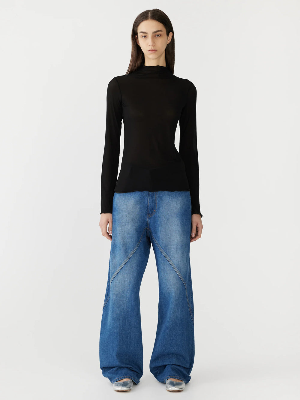 Sheer Raised Neck LS T Shirt Black