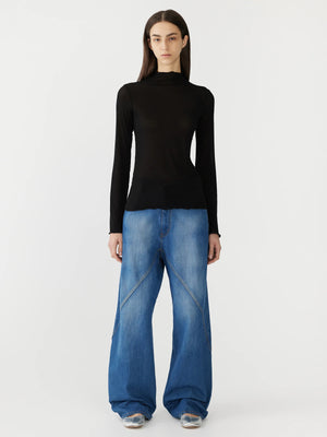 Sheer Raised Neck LS T Shirt Black