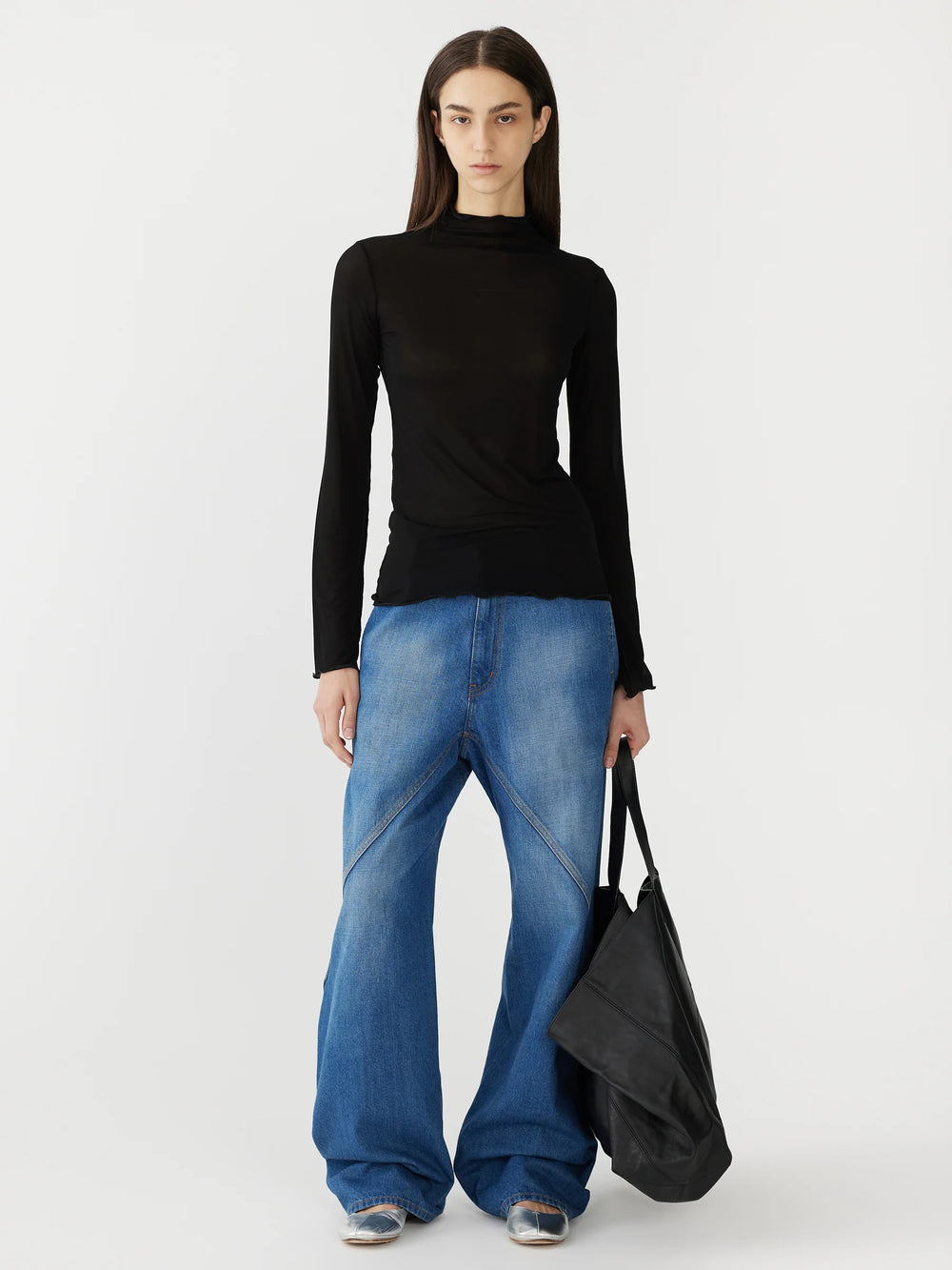 Sheer Raised Neck LS T Shirt Black