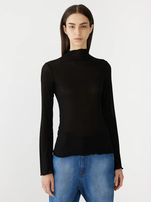 Sheer Raised Neck LS T Shirt Black