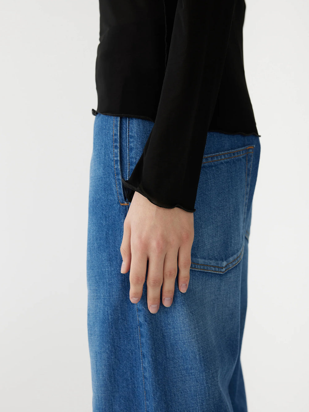 Sheer Raised Neck LS T Shirt Black