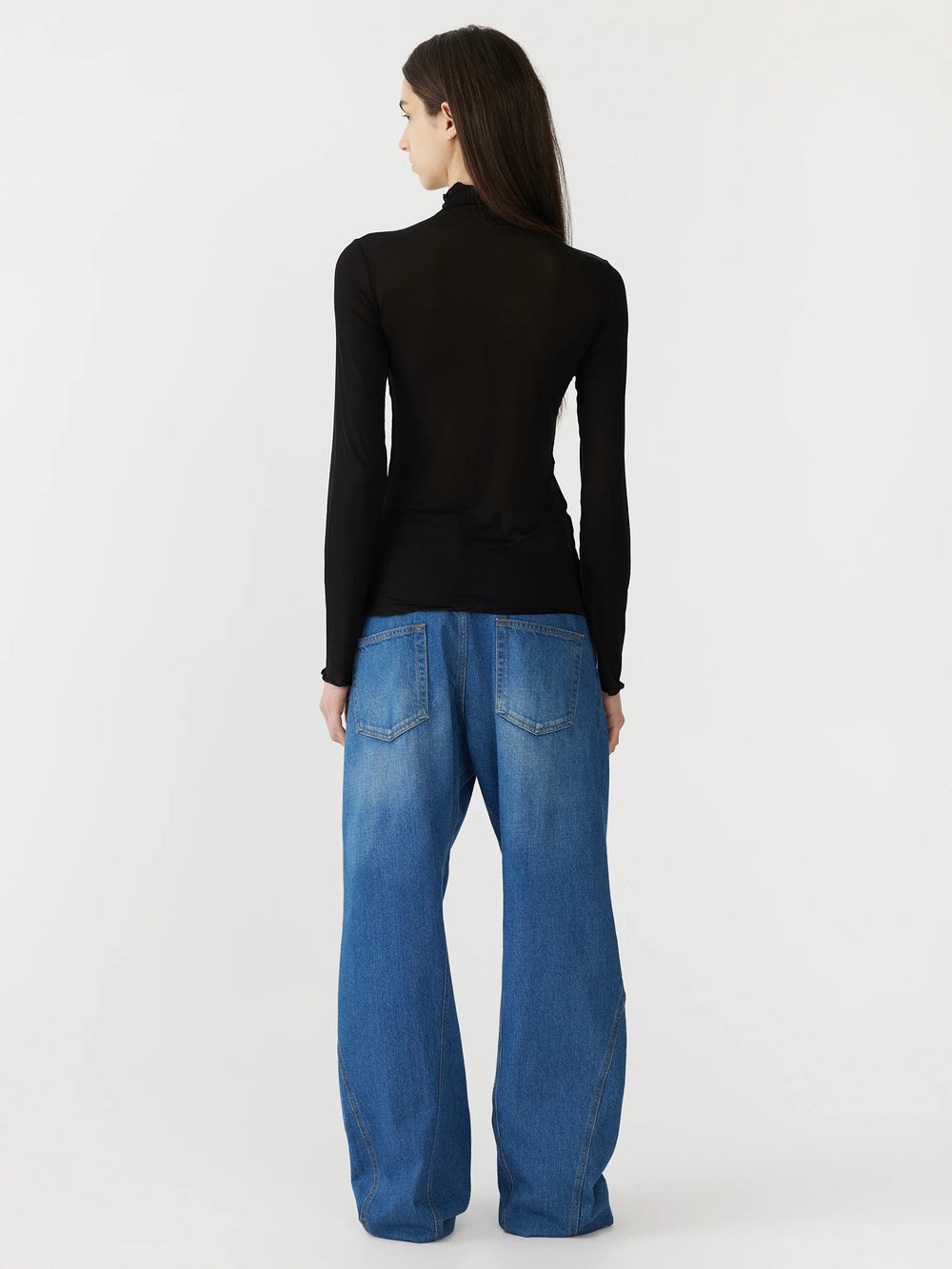 Sheer Raised Neck LS T Shirt Black