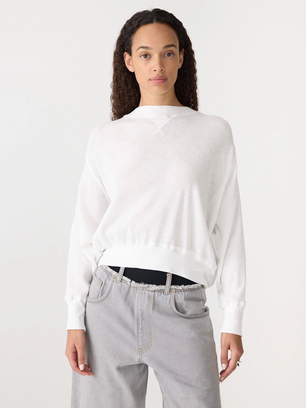 Long Sleeve Waffle Batwing Sweat White