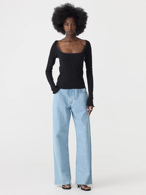Slim Rib Lace L/S Top Black