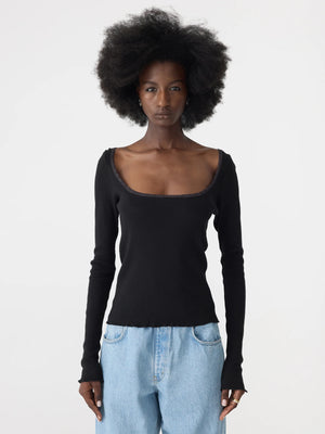Slim Rib Lace L/S Top Black