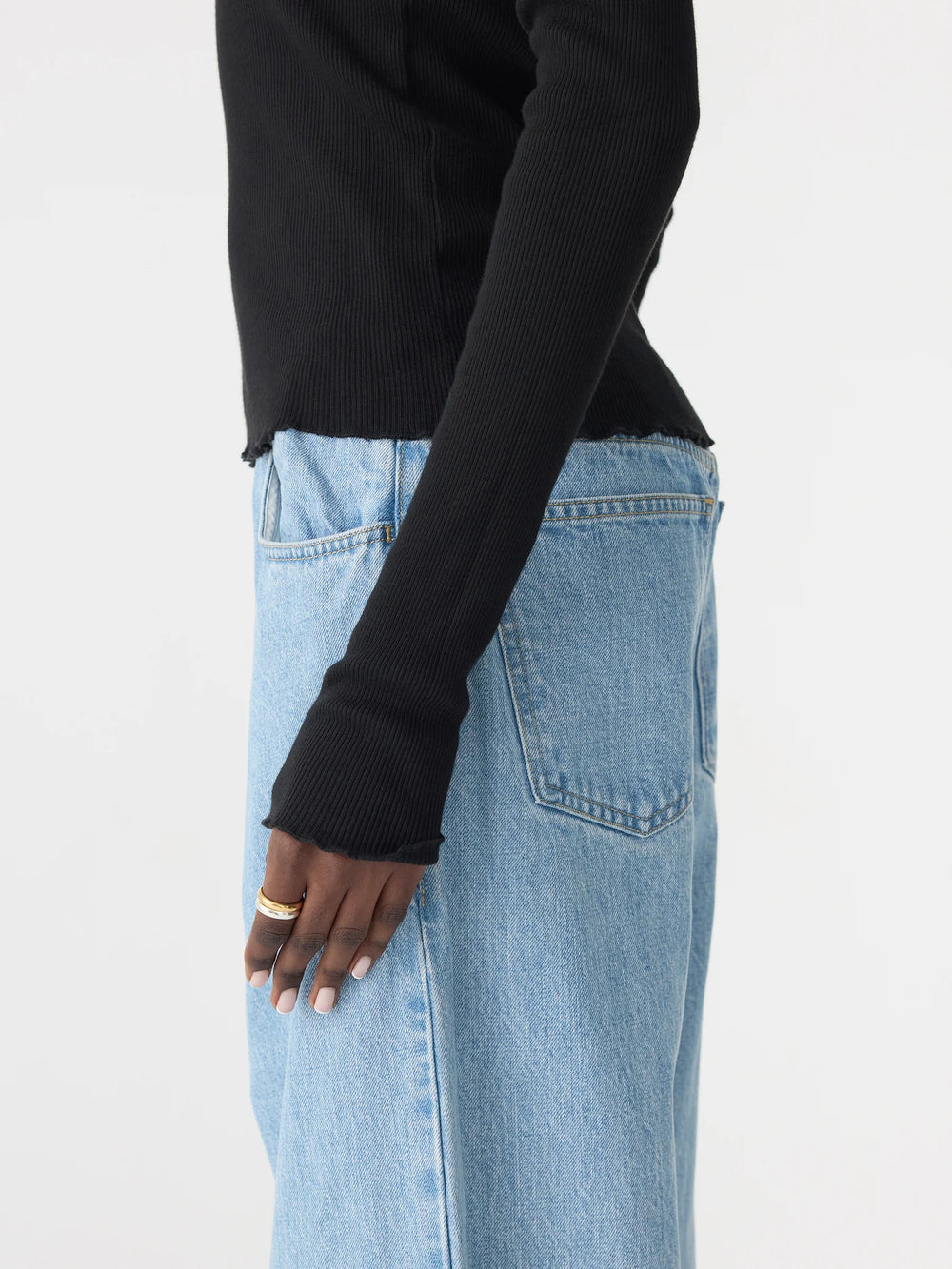 Slim Rib Lace L/S Top Black