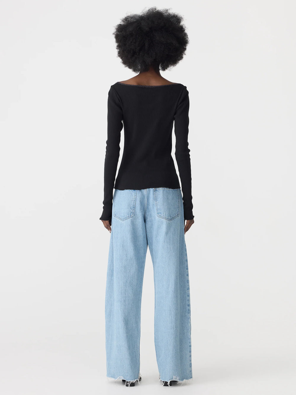 Slim Rib Lace L/S Top Black