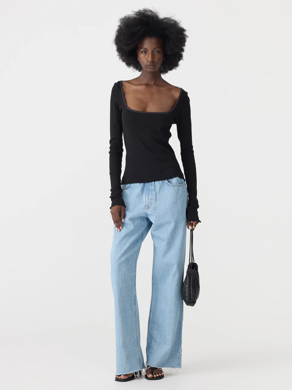 Slim Rib Lace L/S Top Black