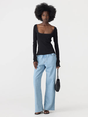 Slim Rib Lace L/S Top Black