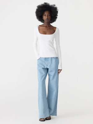 Slim Rib Lace L/S Top White