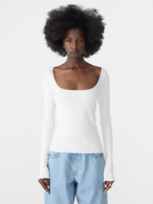Slim Rib Lace L/S Top White