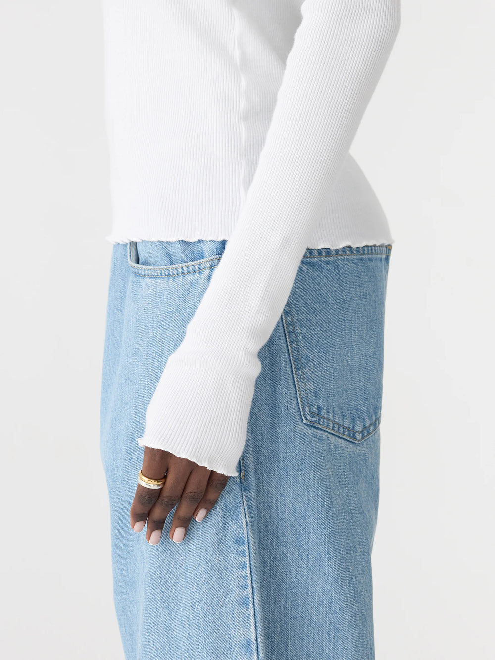 Slim Rib Lace L/S Top White