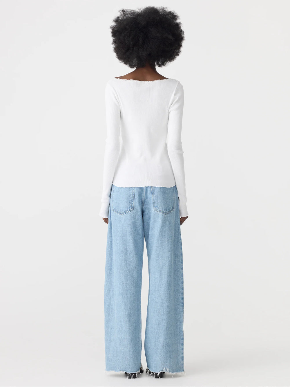 Slim Rib Lace L/S Top White
