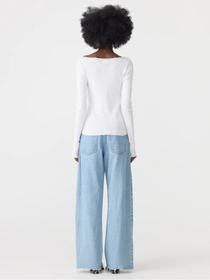 Slim Rib Lace L/S Top White