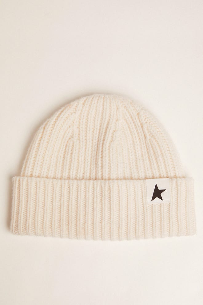 White Wool Beanie with White Star