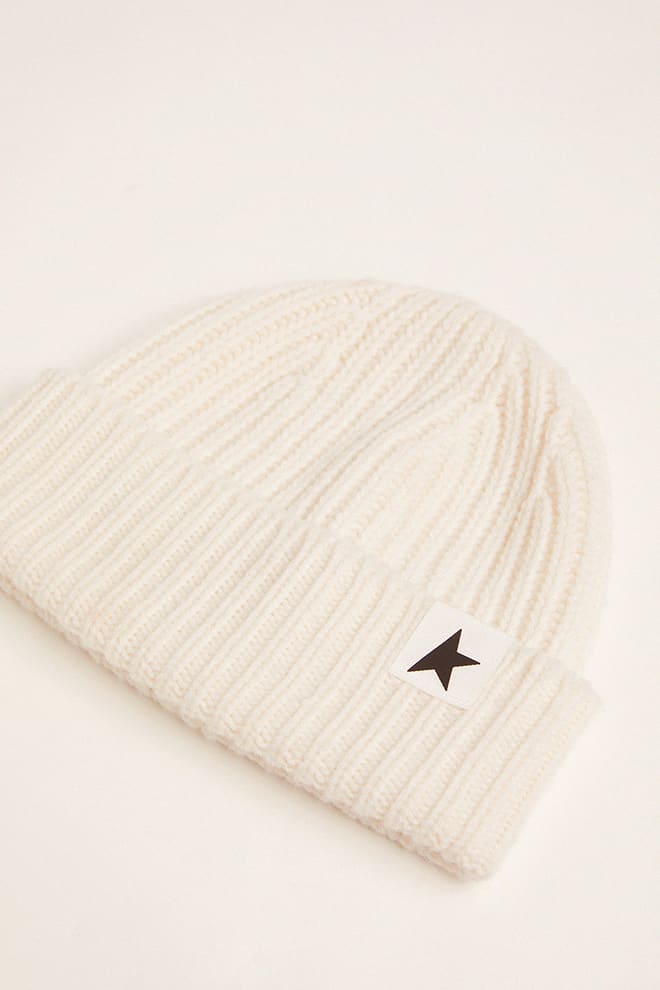 White Wool Beanie with White Star