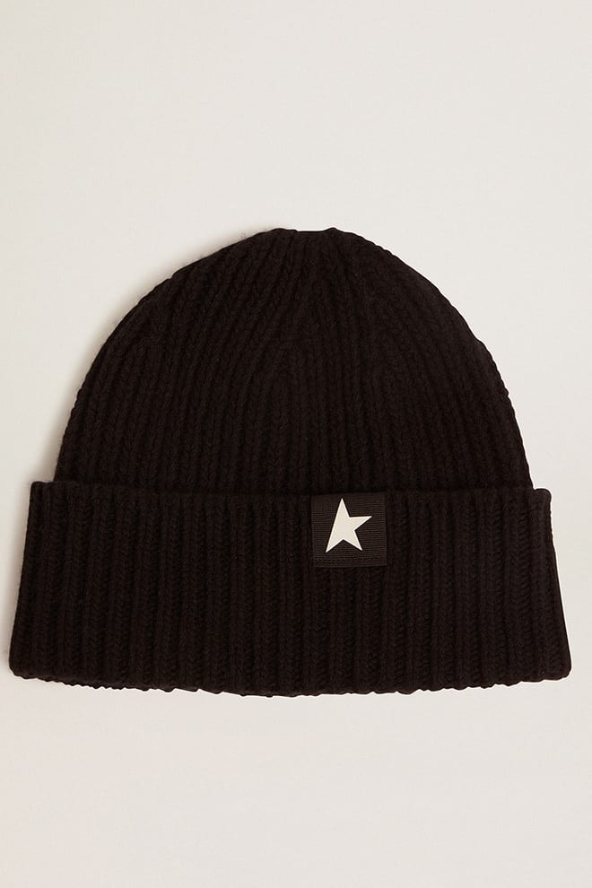 Black Wool Beanie with White Star