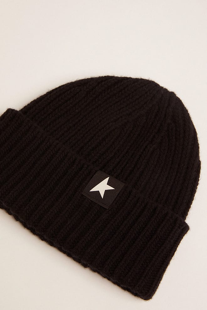 Black Wool Beanie with White Star