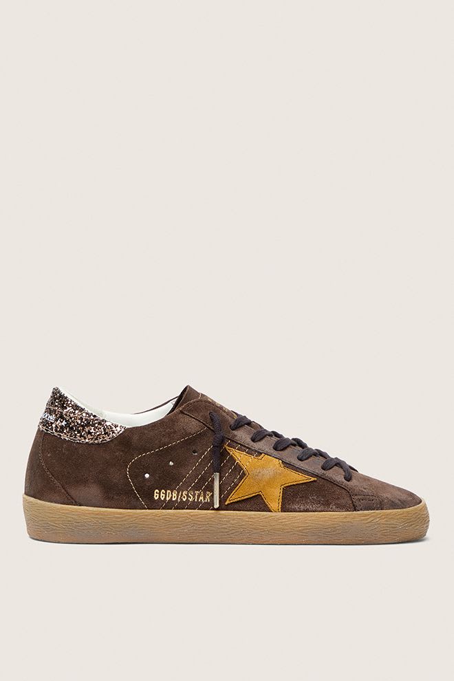 Women's Super Star Suede Upper Toe Tongue and Star Glitter Brown Ocra