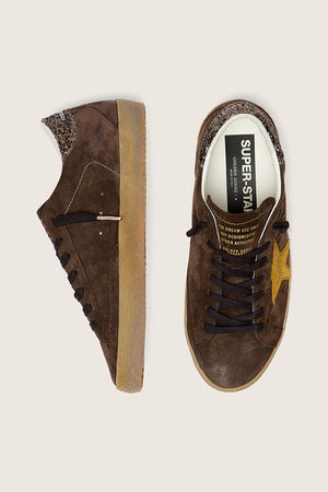 Women's Super Star Suede Upper Toe Tongue and Star Glitter Brown Ocra