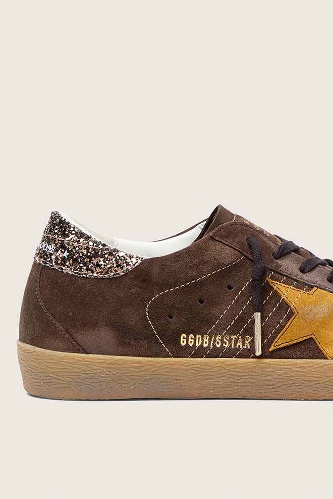 Women's Super Star Suede Upper Toe Tongue and Star Glitter Brown Ocra