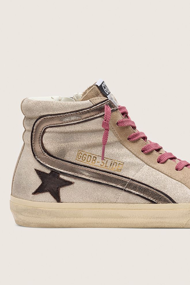 Women's Slide Shimmer Suede w/ Brown Leather Star and Laminated Leather Wave
