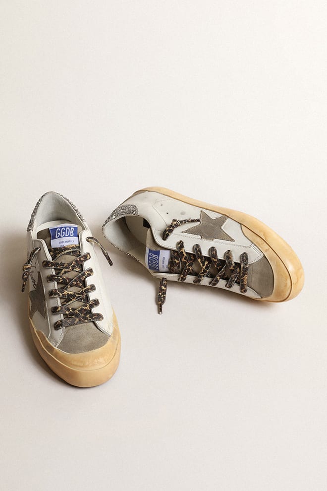Super Star w/ Suede Star and Glitter Heel - White/ Taupe/ Silver