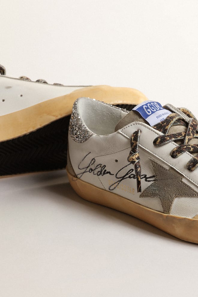 Super Star w/ Suede Star and Glitter Heel - White/ Taupe/ Silver