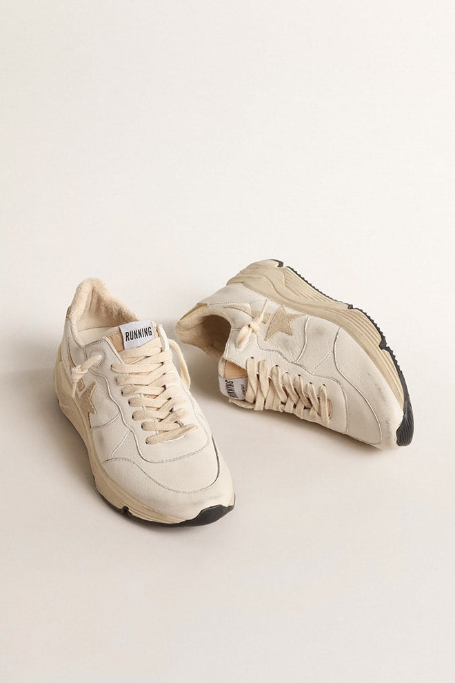 Women's Running Sole White Nappa Leather w/ Beige Suede Star