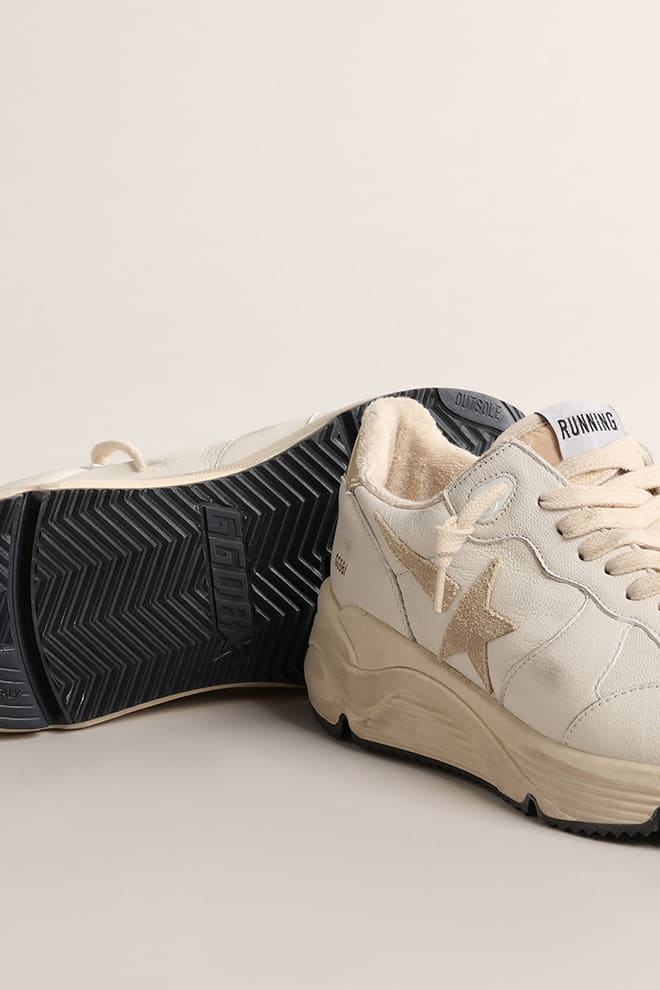 Women's Running Sole White Nappa Leather w/ Beige Suede Star