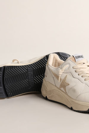 Women's Running Sole White Nappa Leather w/ Beige Suede Star