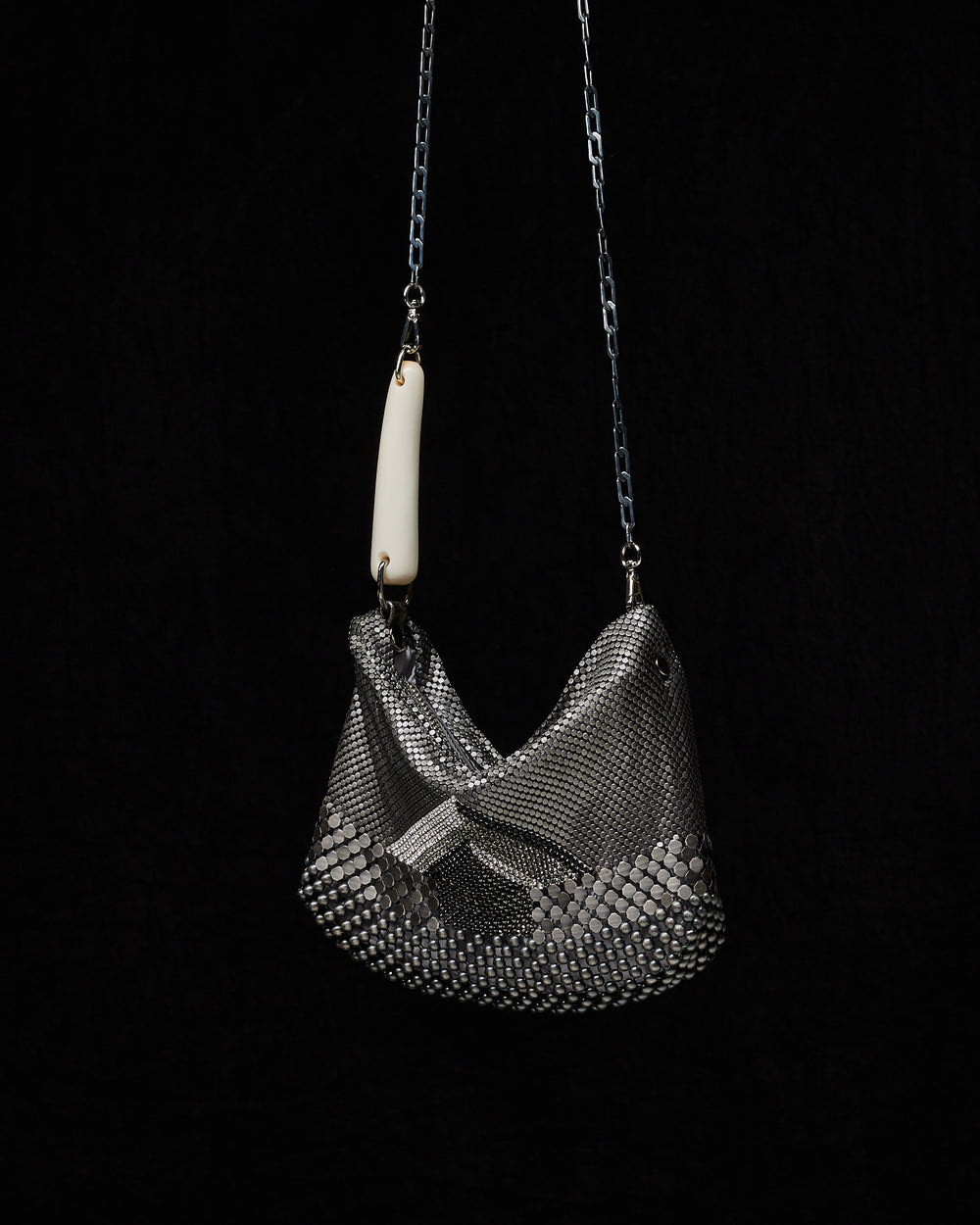 Silver Pagoda Mesh Gala Bag with Swarovski + White Horn