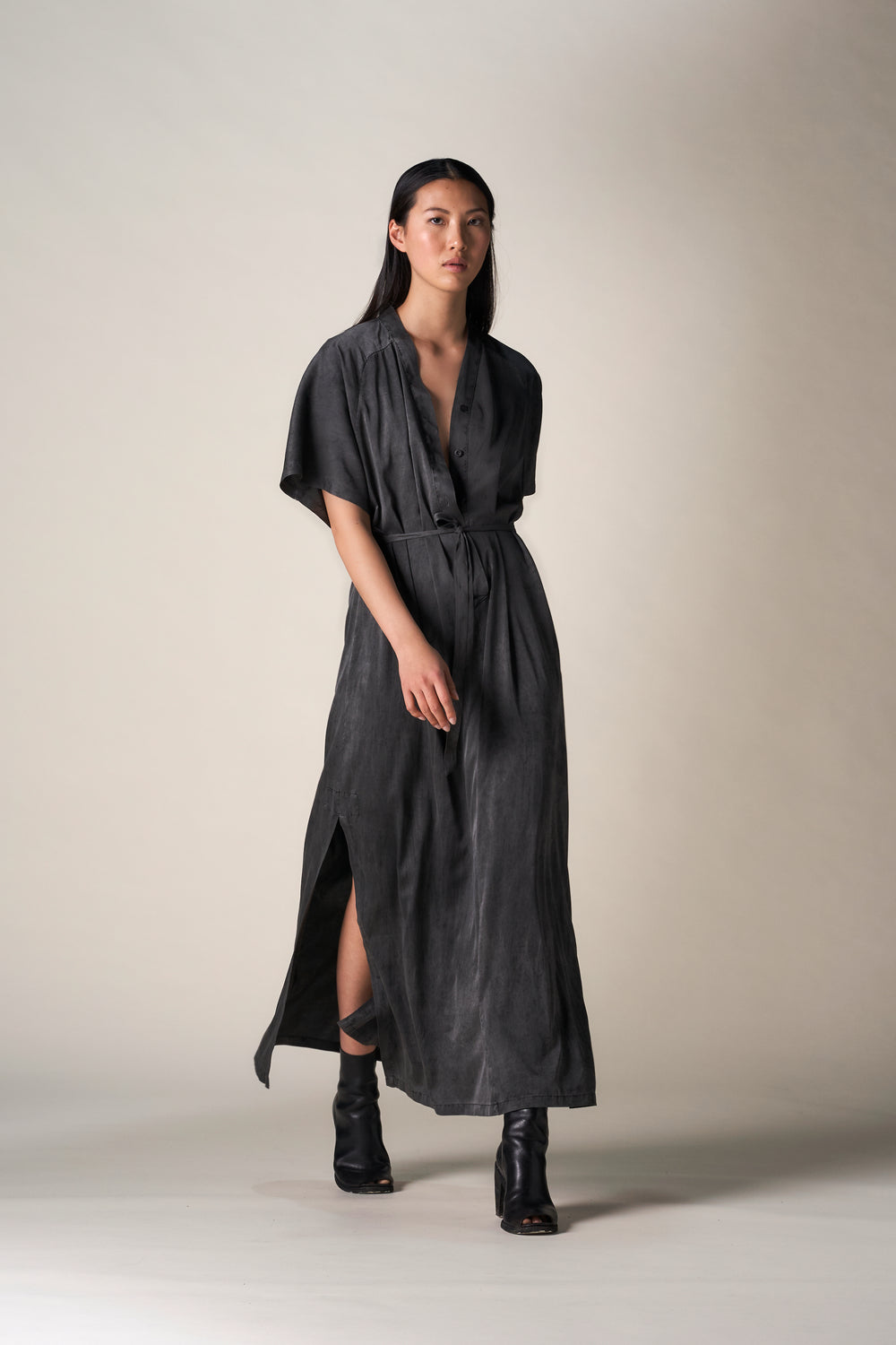 Silk Long Kimono Dress Charcoal