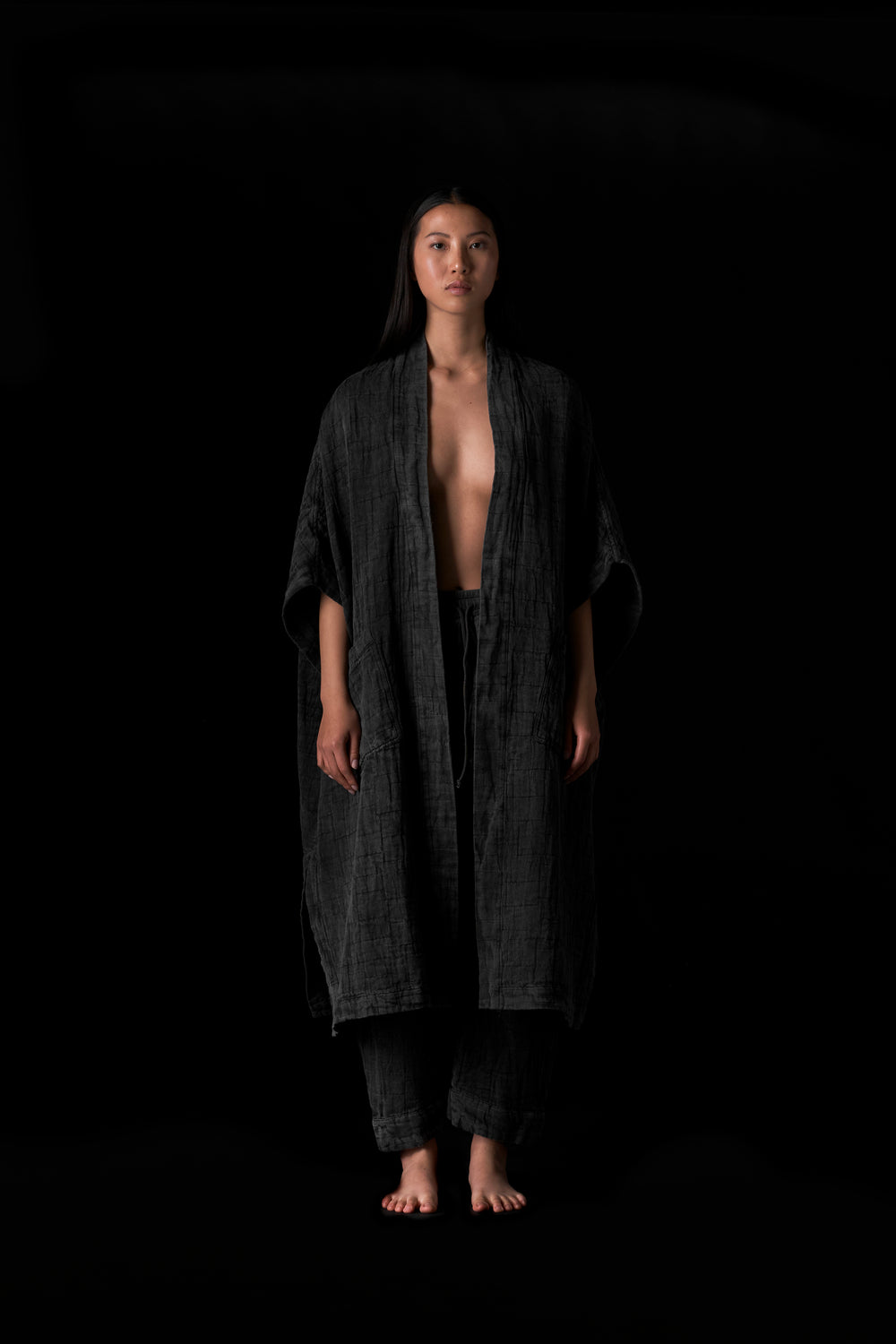 Jacquard Sleeveless Kimono Washed Black