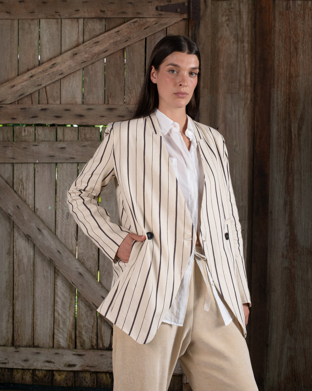Graphic Jacket Linen Cotton Stripe Natural