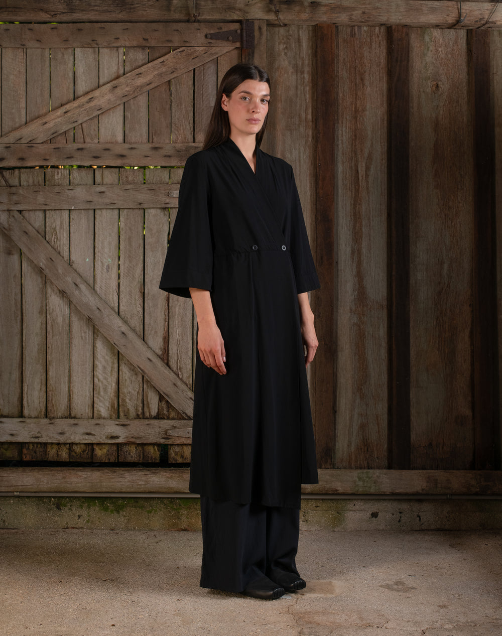 Kimono Sleeve Coat Dress Crepe Black