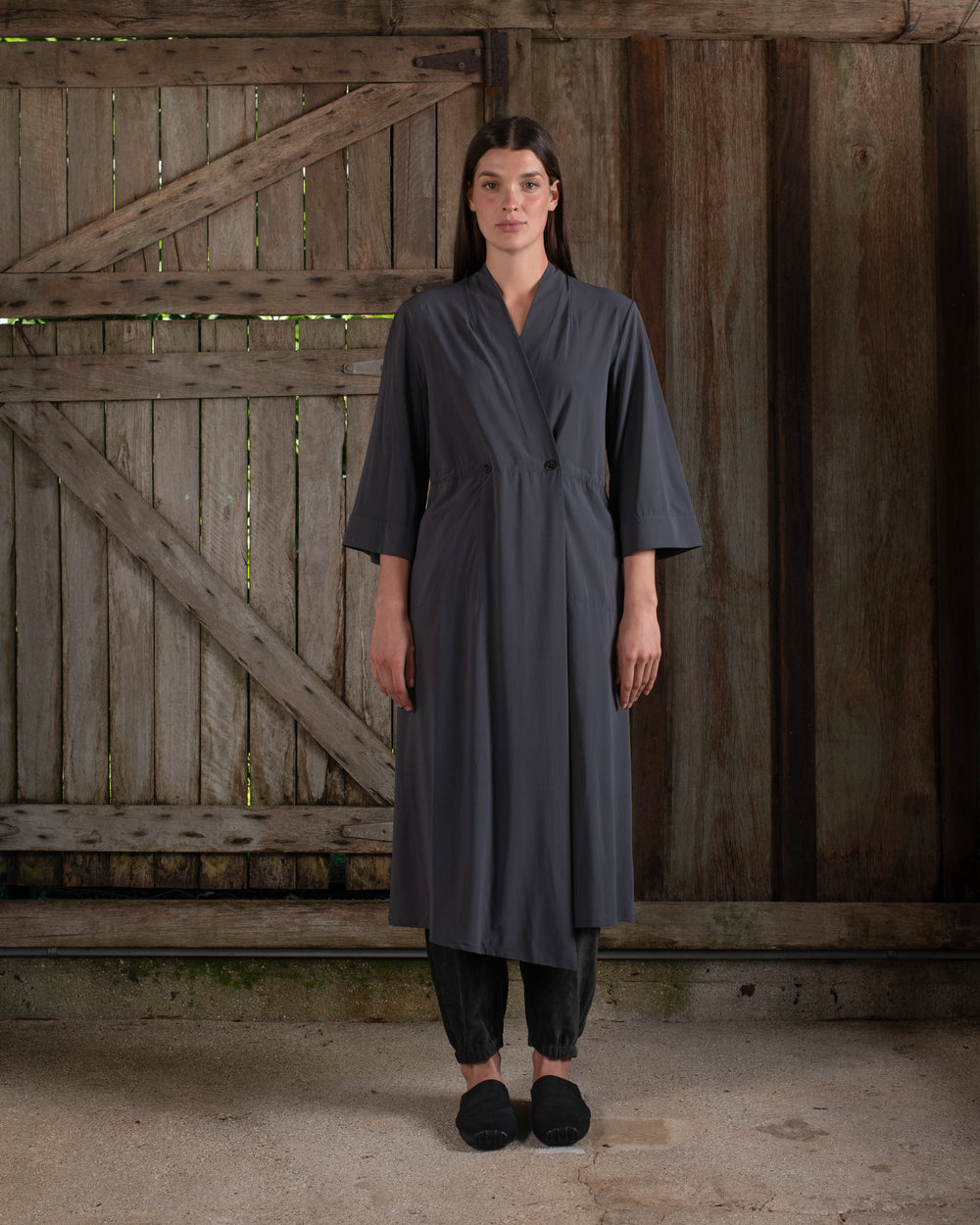Kimono Sleeve Coat Dress Silk Crepe Charcoal