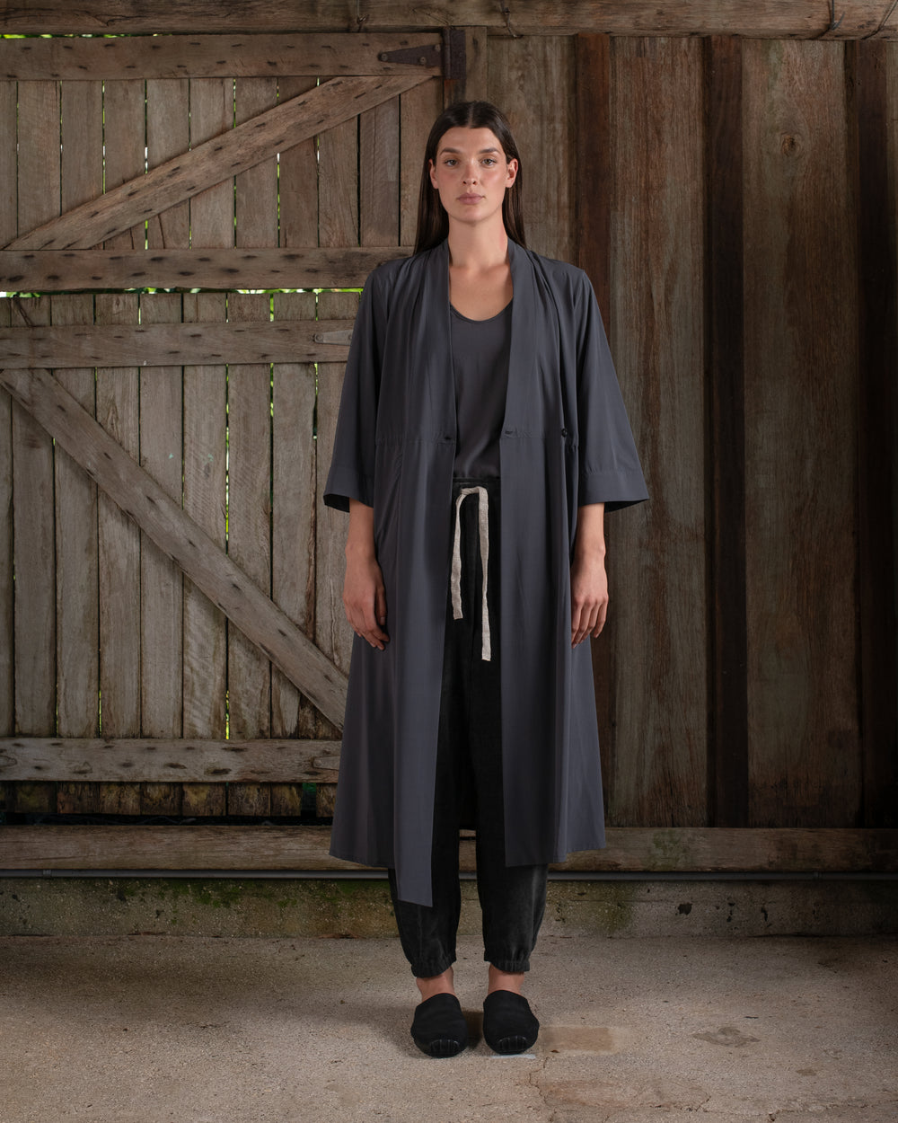 Kimono Sleeve Coat Dress Silk Crepe Charcoal