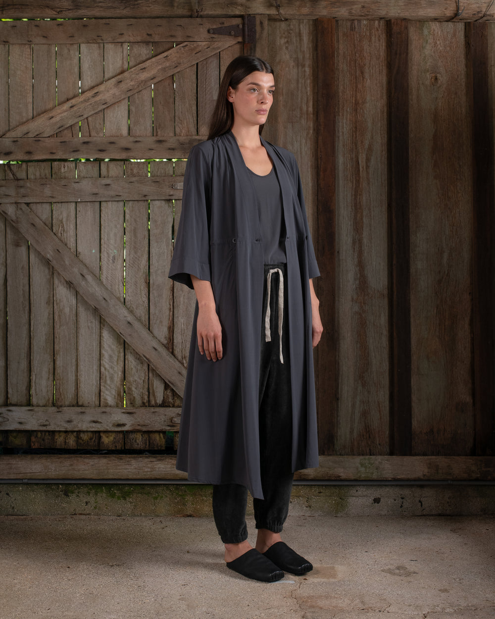 Kimono Sleeve Coat Dress Silk Crepe Charcoal