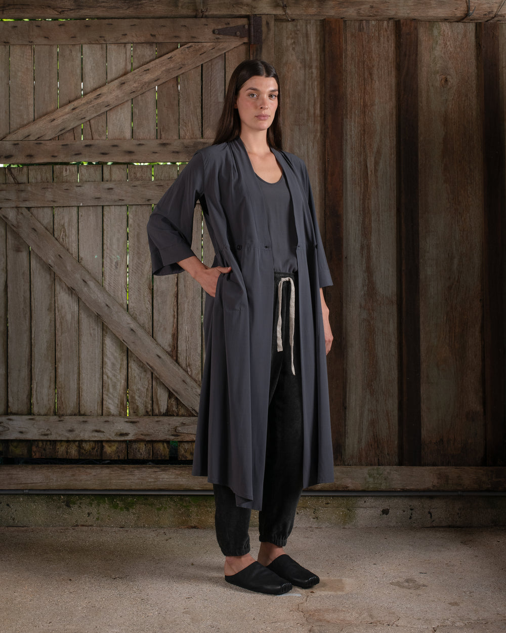 Kimono Sleeve Coat Dress Silk Crepe Charcoal