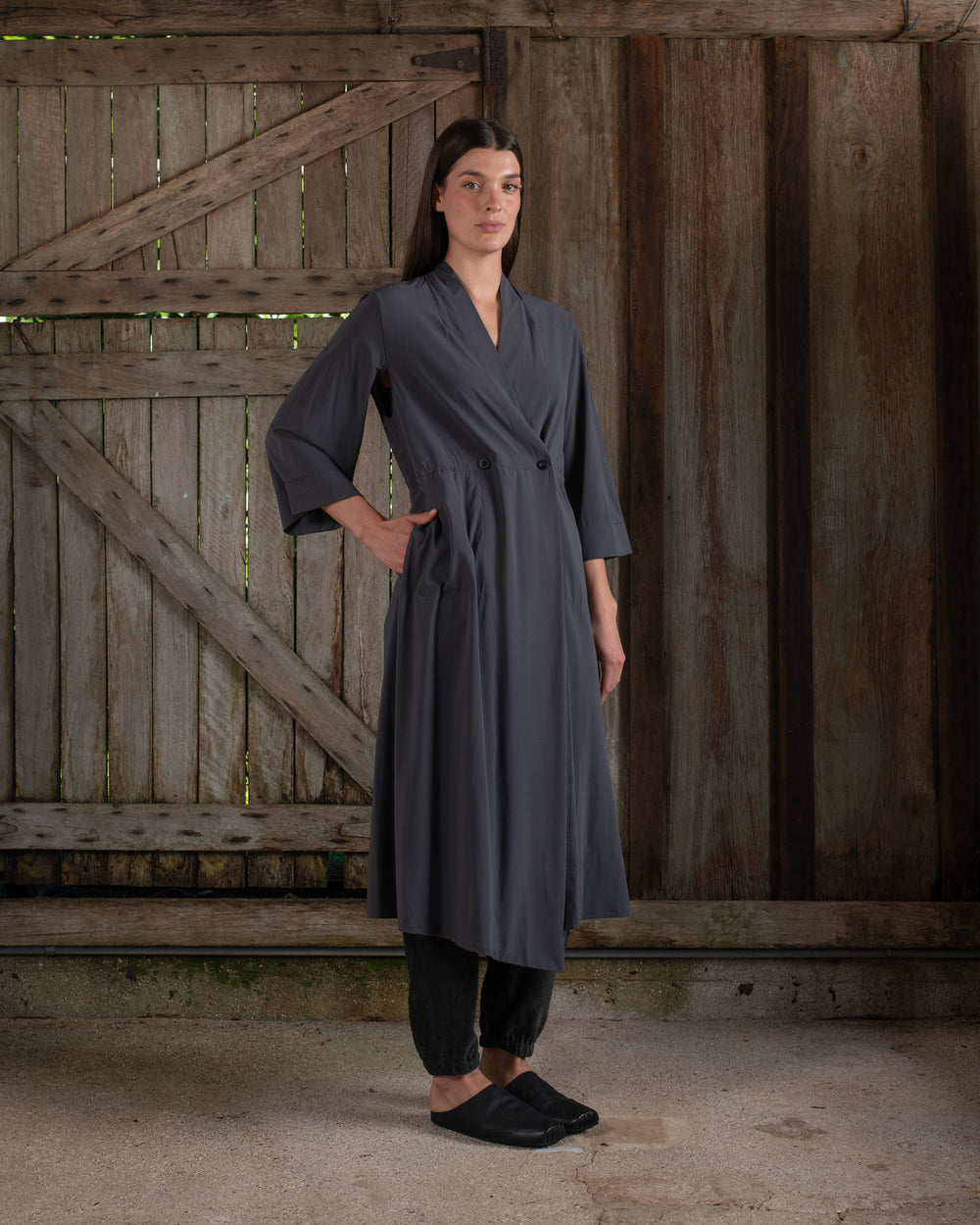 Kimono Sleeve Coat Dress Silk Crepe Charcoal